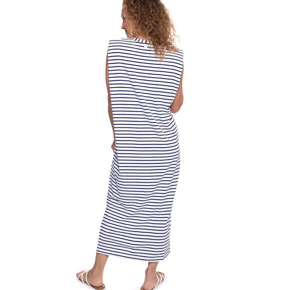 Coolibar Coral Way Sleeveless Midi Dress White/Navy Stripe Beach Vacation Sz L - Picture 6 of 15